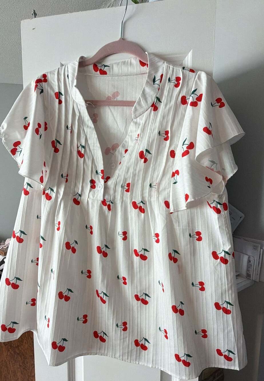 SHEIN Cherry Print Flounce Sleeve Collared V-Neck Blouse